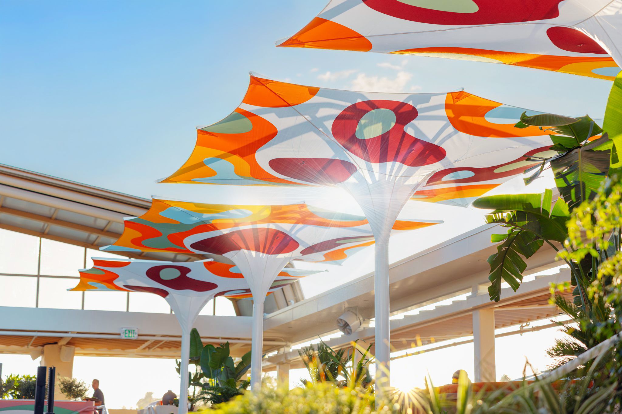 SUSHISAMBA Los Angeles dining room design, with colorful umbrellas